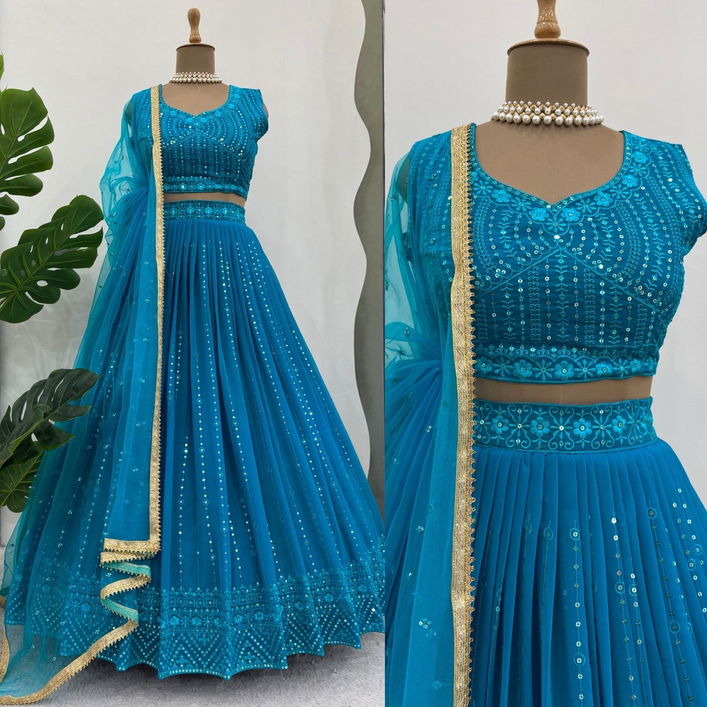 sky blue color gown choli skirt for wedding party