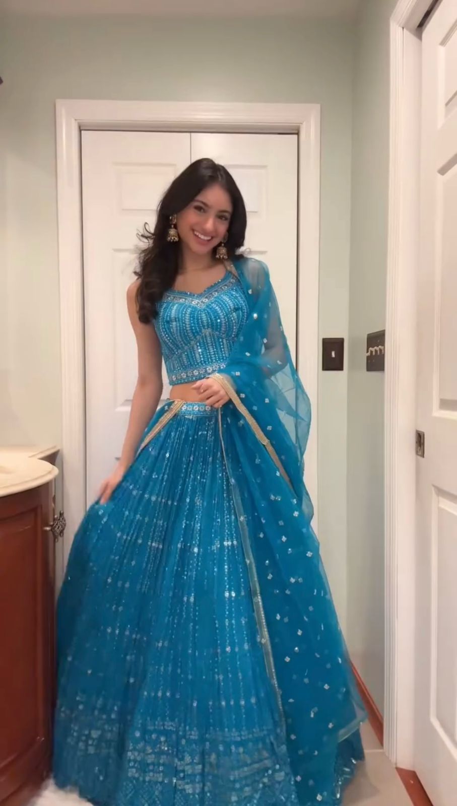 sky blue color gown choli skirt for wedding party