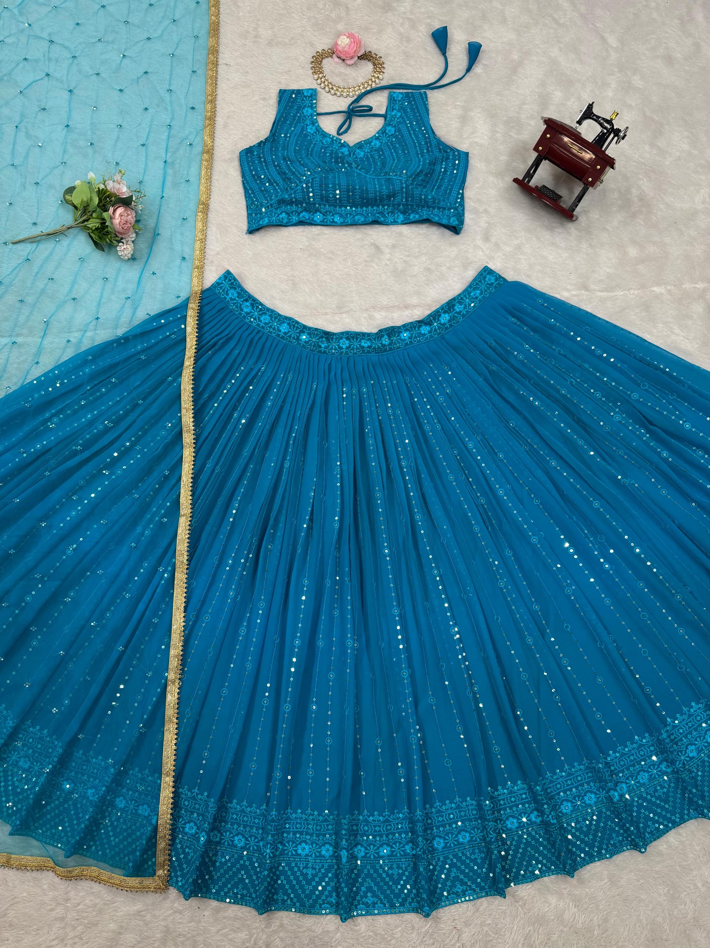 sky blue color gown choli skirt for wedding party