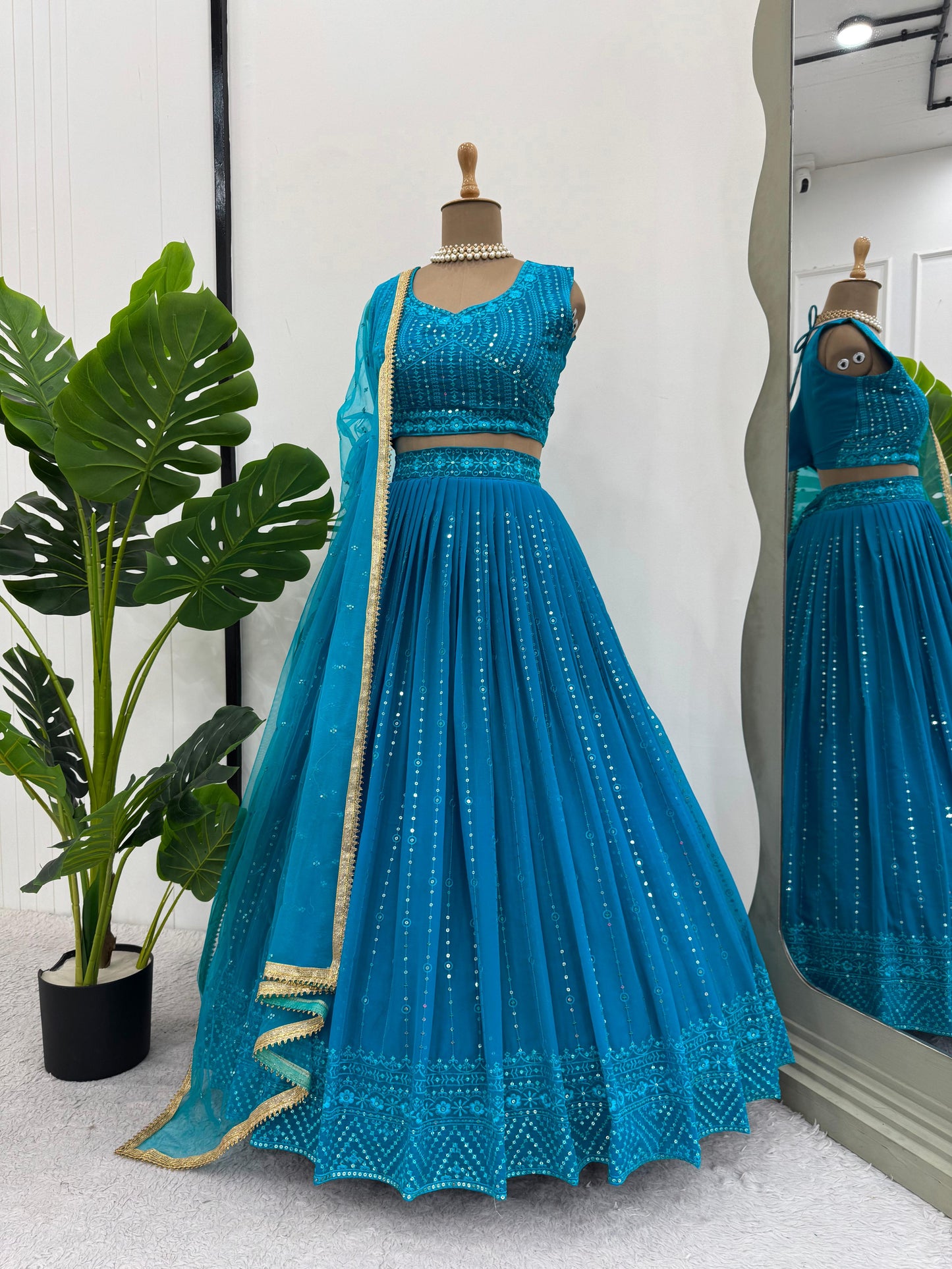 sky blue color gown choli skirt for wedding party