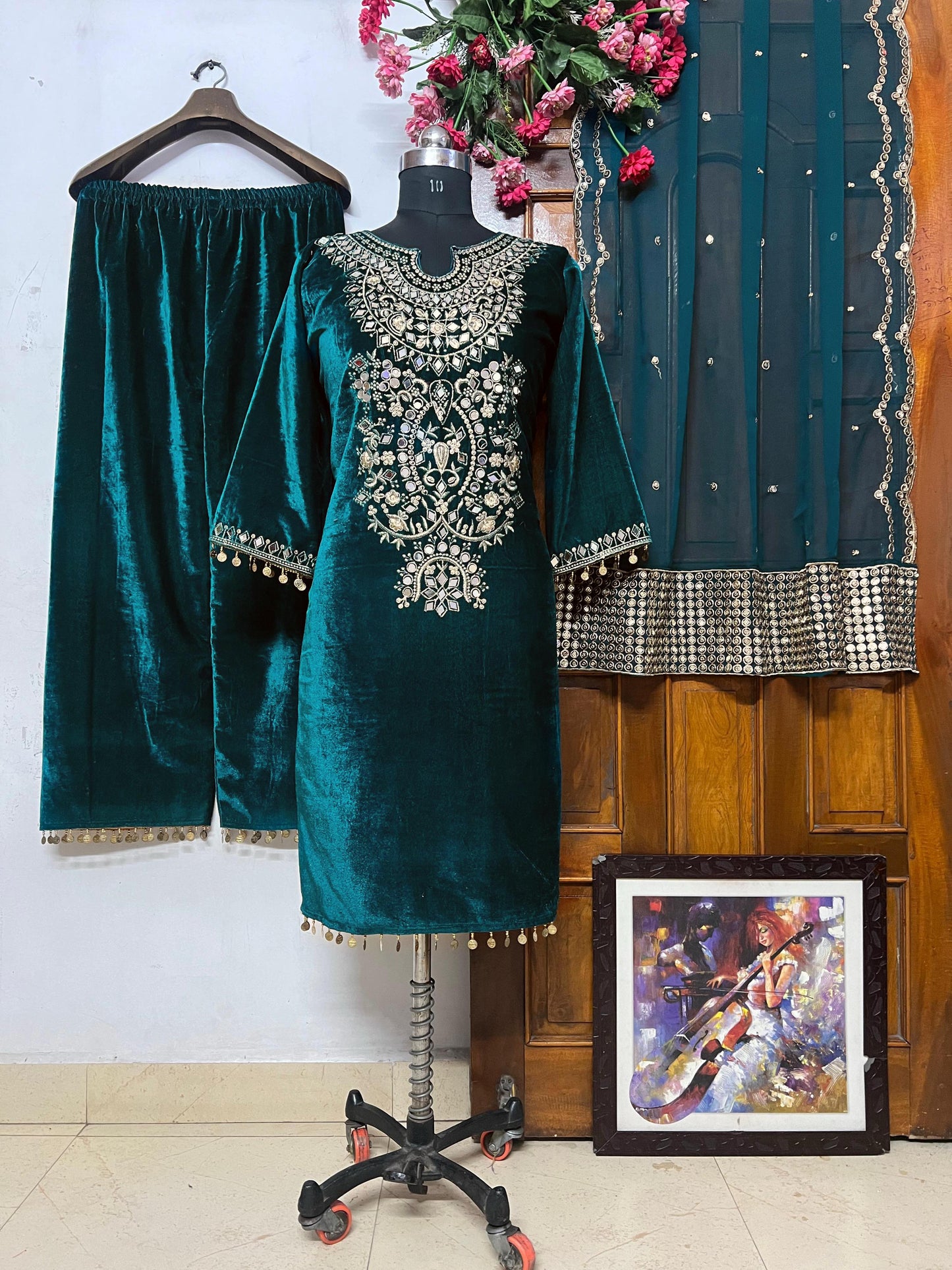 green heavy velvet kurti plazzo set