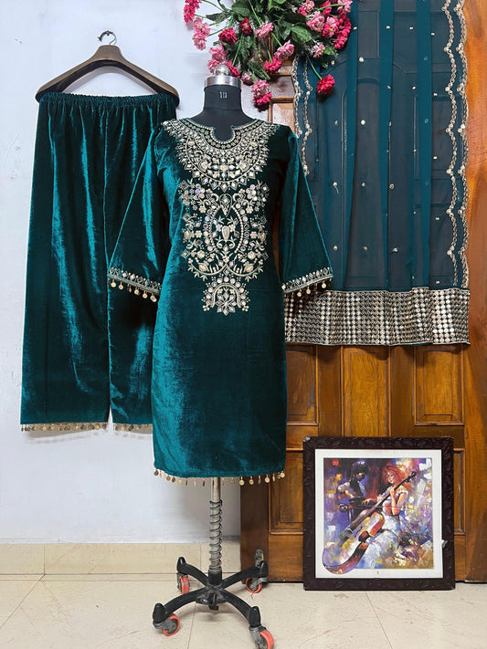 green heavy velvet kurti plazzo set