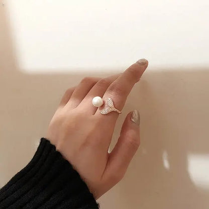 Pearl with leaves Mist korean inspired ring