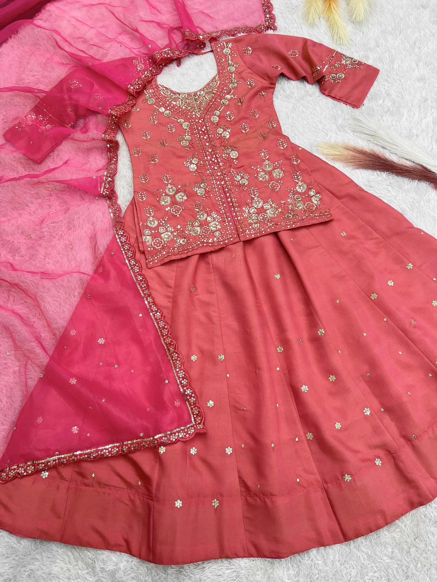 Embroidery And Sequins Lehenga With Dupatta