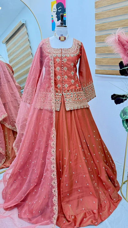 Star Satin Plain Indowestern lehenga