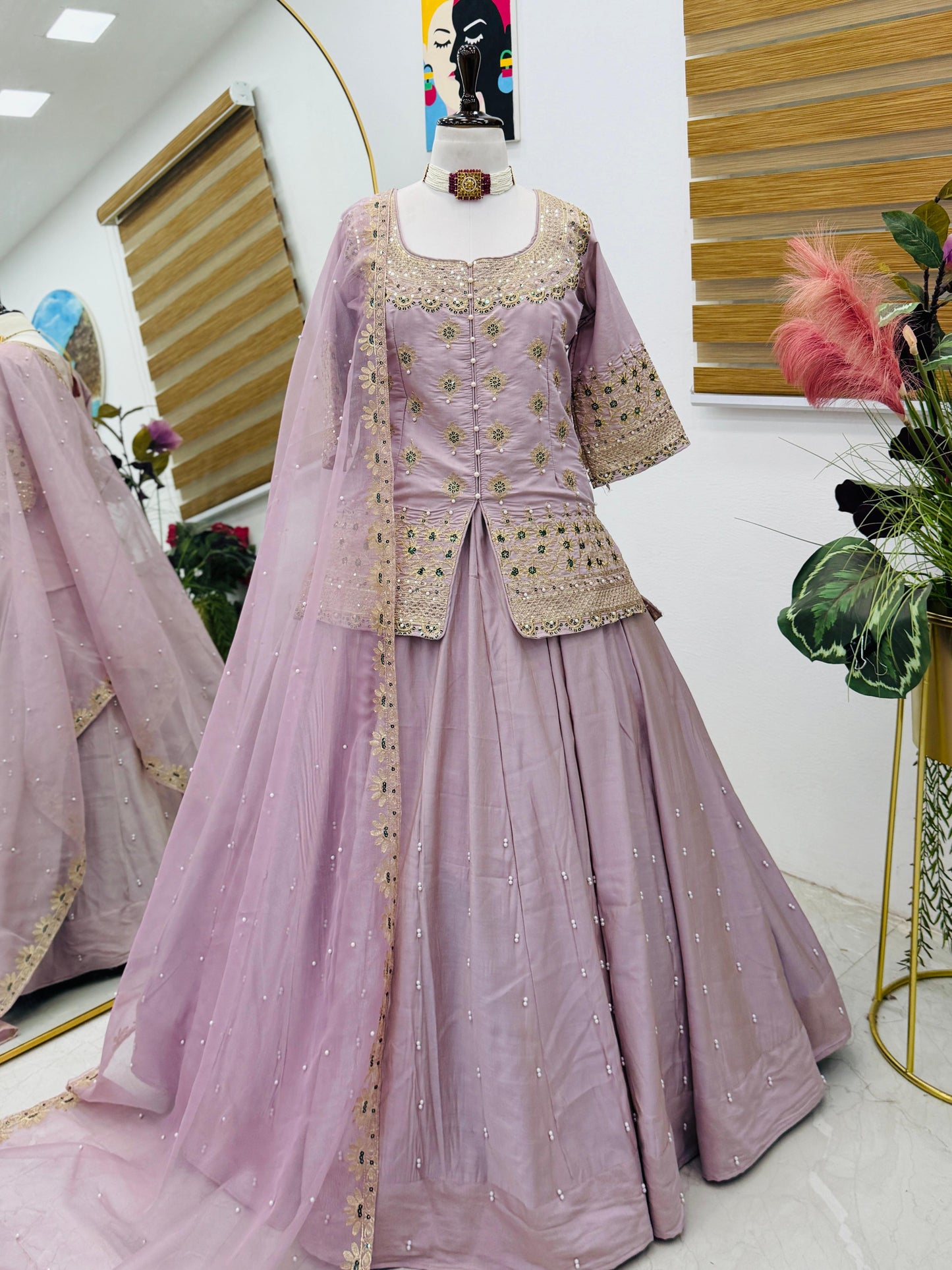 Star Satin Plain Indowestern lehenga