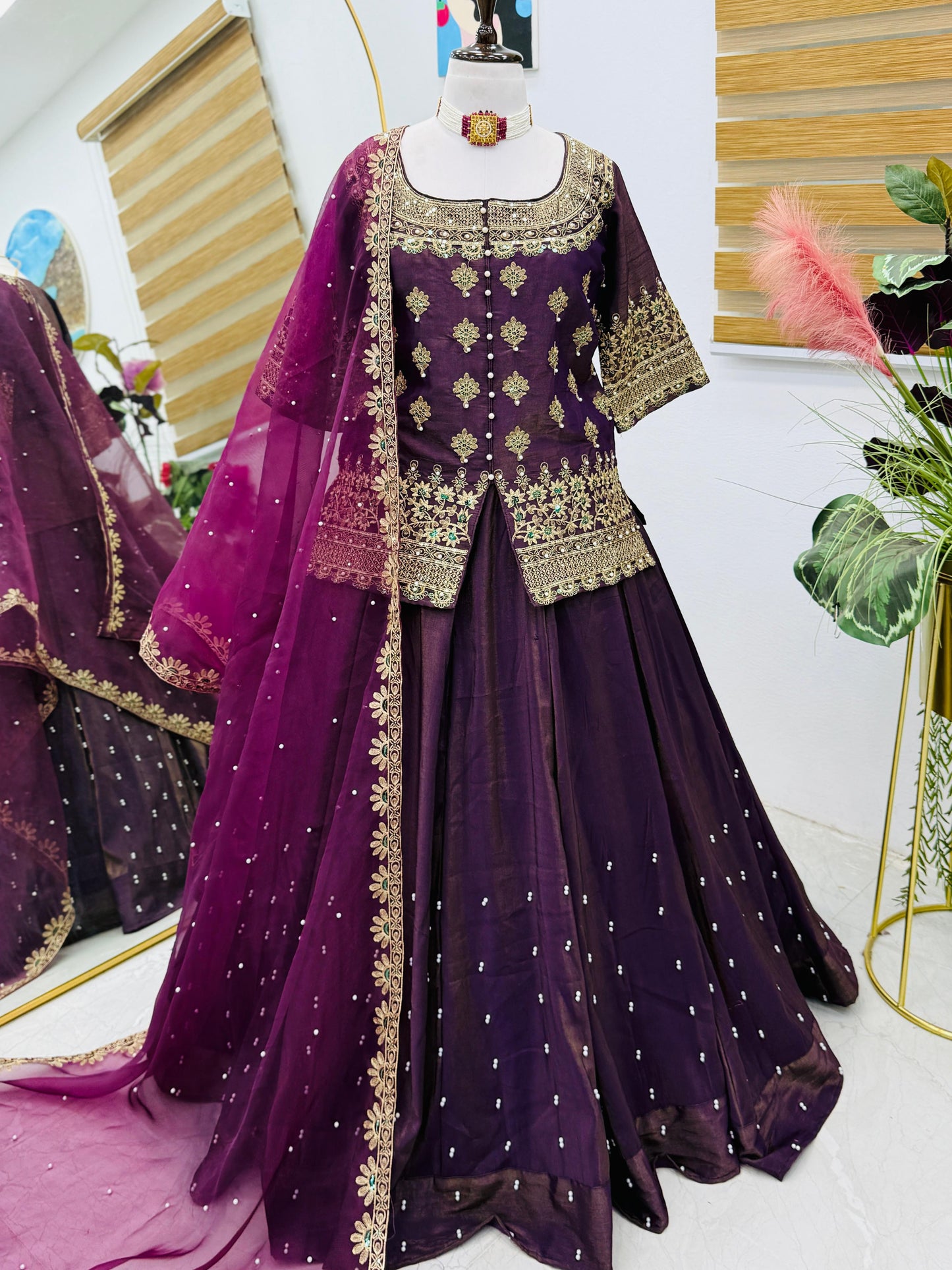 Star Satin Plain Indowestern lehenga