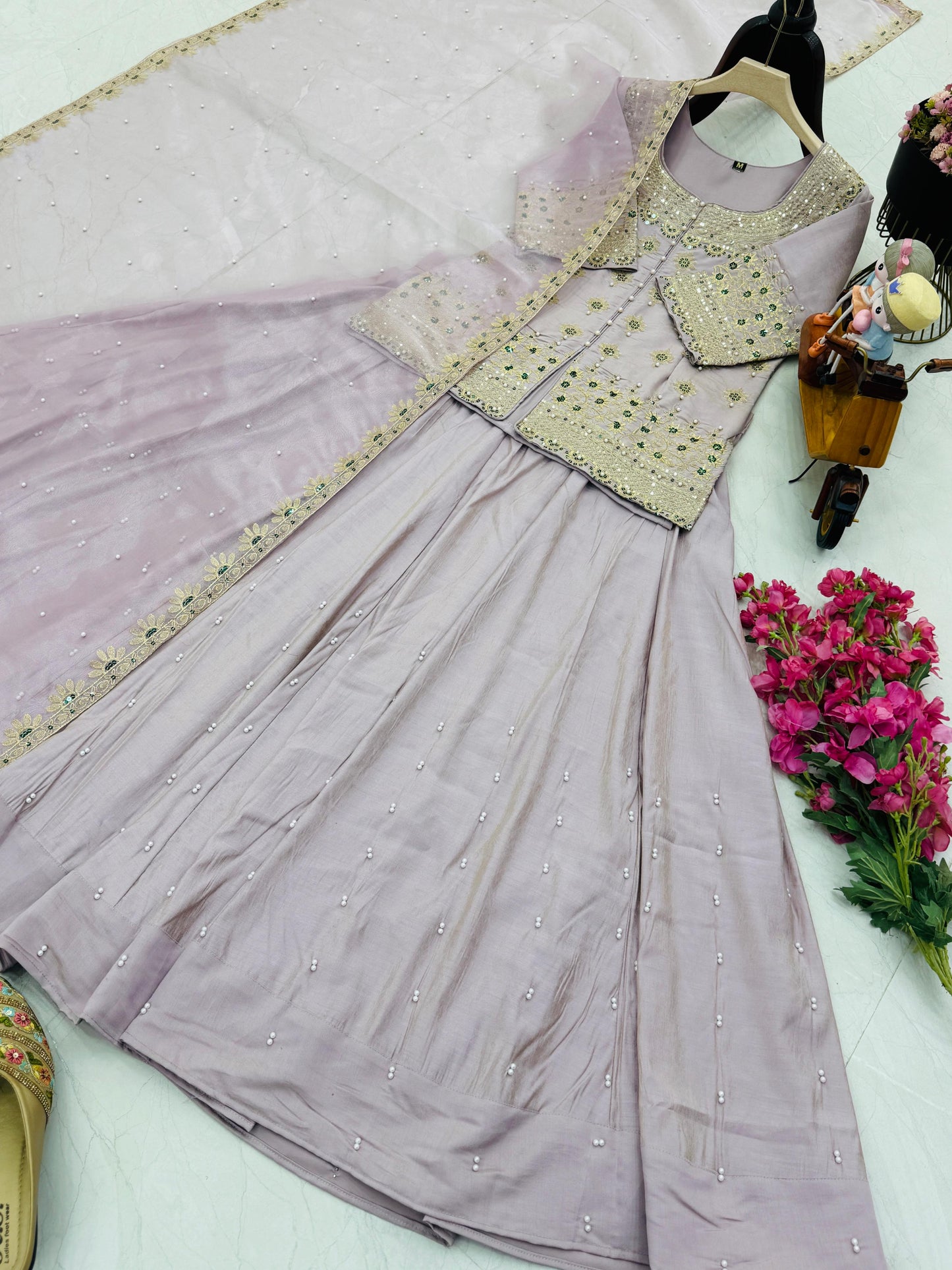 Star Satin Plain Indowestern lehenga