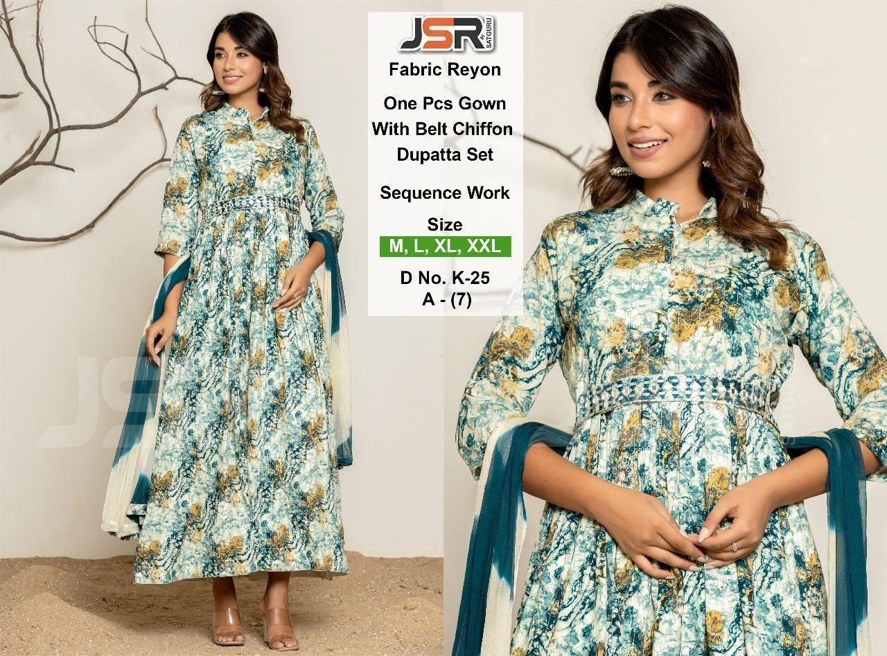 Elegant green mix One-Piece Gown with Belt & Dupatta