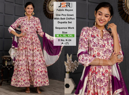 Elegant Purple with flower print One-Piece Gown with Belt & Dupatta