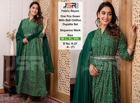 Elegant Green with flower print One-Piece Gown with Belt & Dupatta