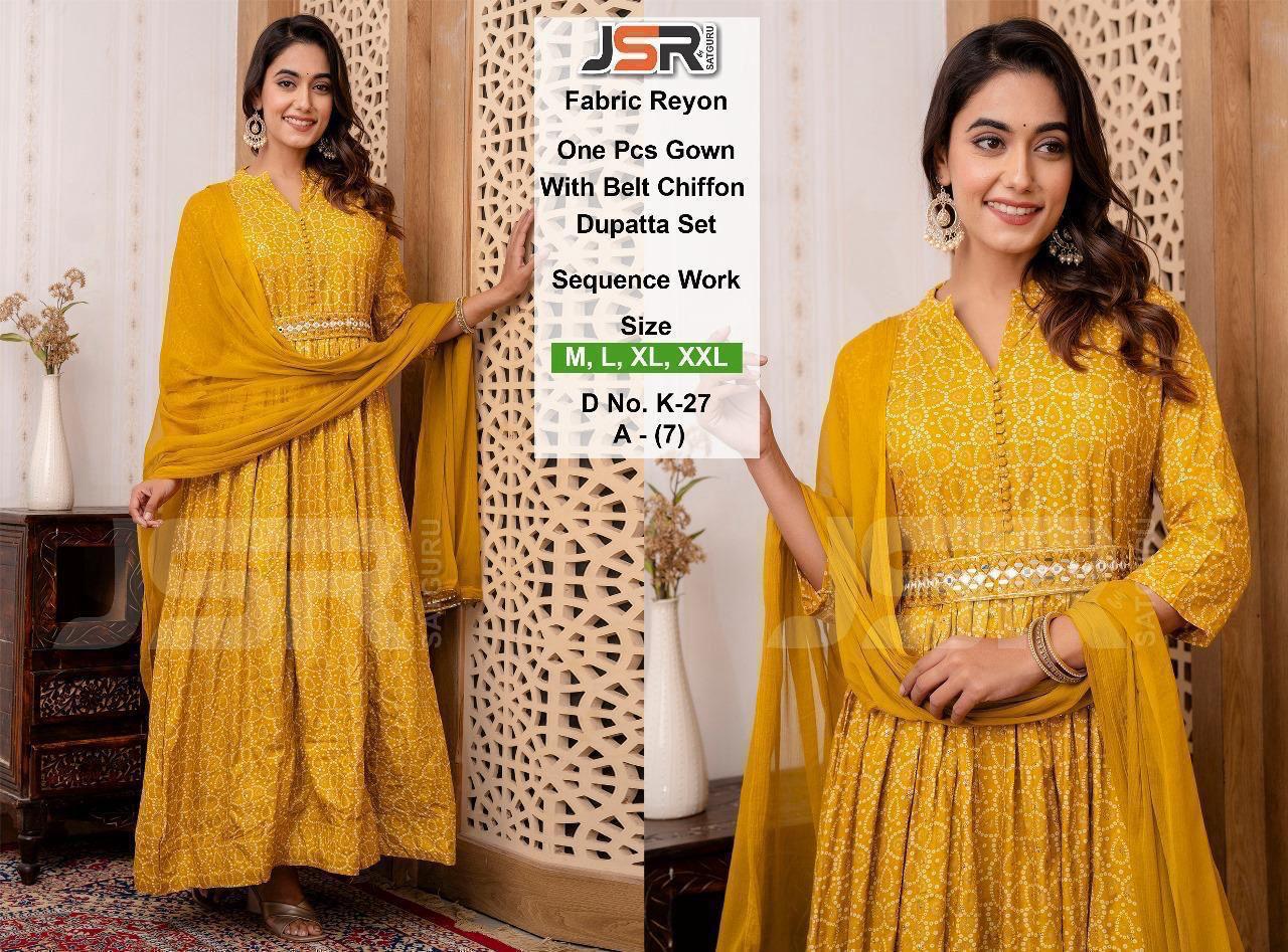 Elegant Yellow with flower print One-Piece Gown with Belt & Dupatta