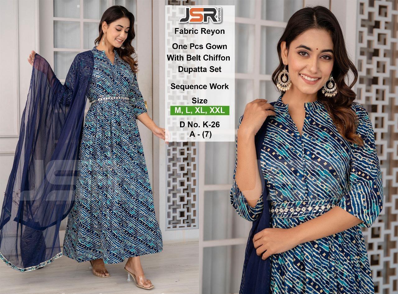 Elegant Blue with flower print One-Piece Gown with Belt & Dupatta