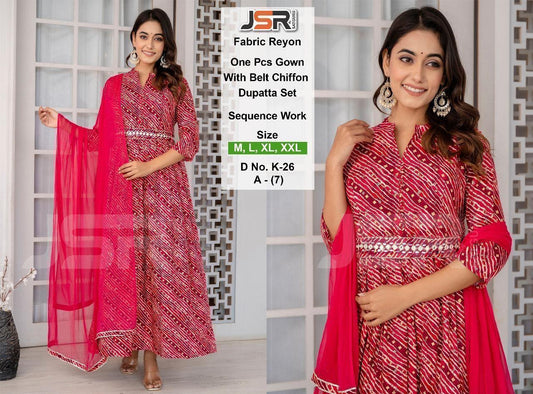 Elegant Rani with flower print One-Piece Gown with Belt & Dupatta