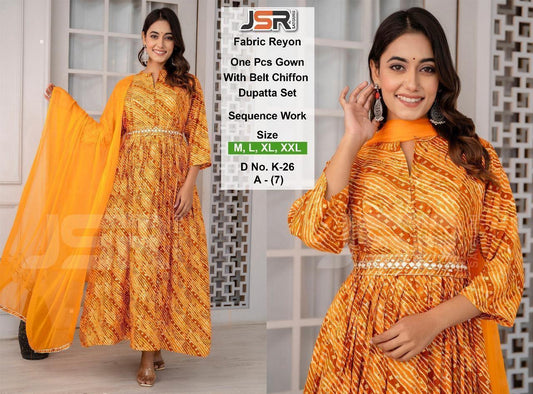 Elegant Orange with flower print One-Piece Gown with Belt & Dupatta