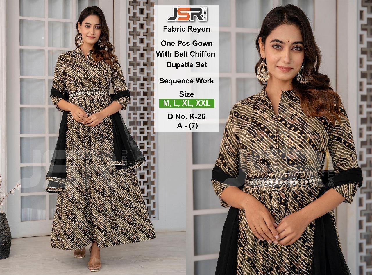 Elegant BLACK with flower print One-Piece Gown with Belt & Dupatta