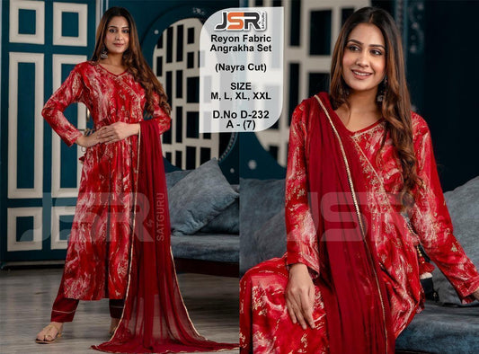 ✨ Angrakha Style Brick Red Nyra Cut Set with Pant & Chiffon Dupatta ✨