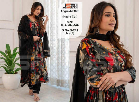 ✨ Angrakha Style Black with yellow & red leaves Nyra Cut Set with Pant & Chiffon Dupatta ✨