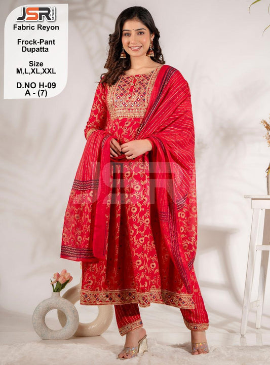 Flared Red  Frock Suit with Pant & Dupatta – A Timeless Beauty 🌟