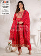 Flared Red  Frock Suit with Pant & Dupatta – A Timeless Beauty 🌟